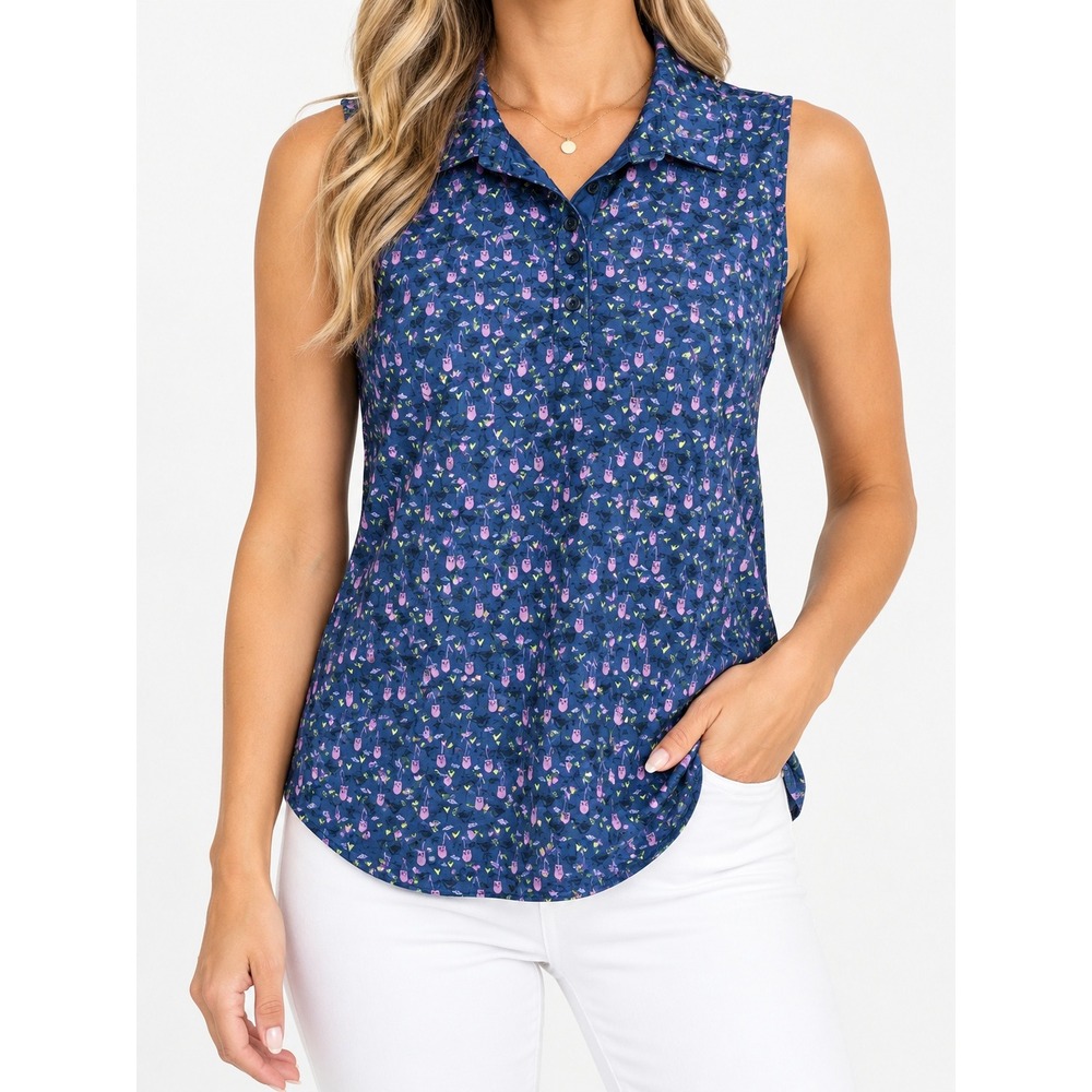 Greg Norman PlayDry Sleeveless Golf Polo Navy Pink Cocktail Print Womens Small